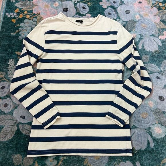 J. Peterman Women’s Striped Cotton Top Cream Navy Striped Shirt Small Nautical S - Picture 8 of 11